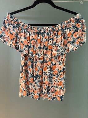 Current/Elliott Floral Off-Shoulder Top in Orange and Navy